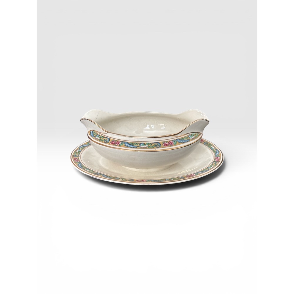 Vintage Homer Laughlin 1932 Floral Gravy Boat Attached Underplate Gold Trim L32N